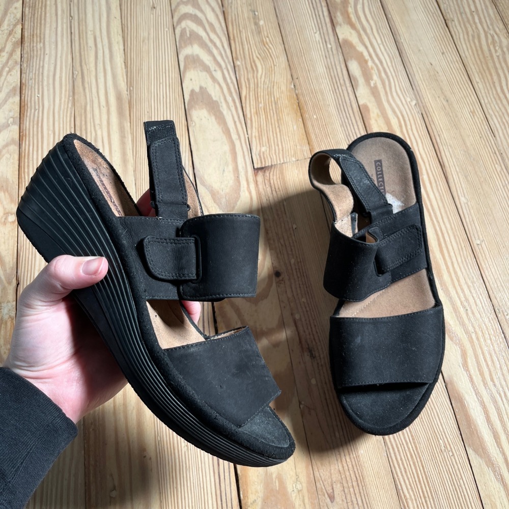 Clarks Wedge Sandals Womens 8.5 Black Arla Cushion Soft Strappy Platform